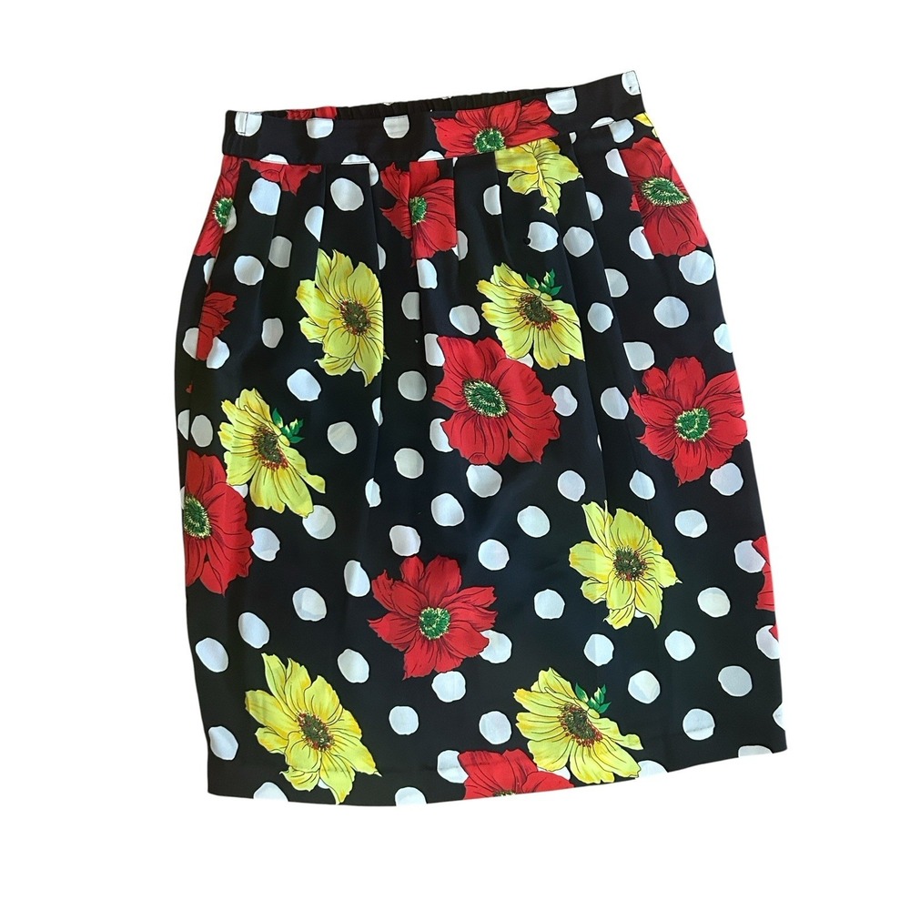 Leslie Fay Skirt Womens 12 Black Red Yellow Floral Polka Dot Pleated 90s Vintage